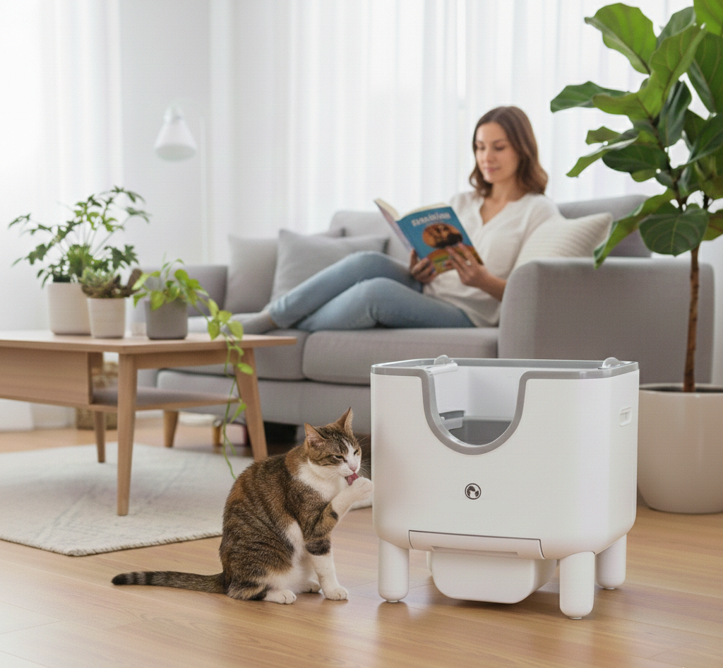 litiere-automatique-ouvert-blanc-chat